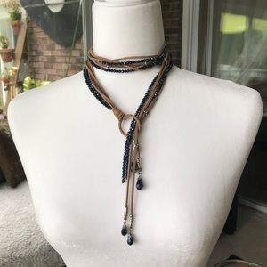 Suede and Dark Sapphire Crystal Lariat Necklace